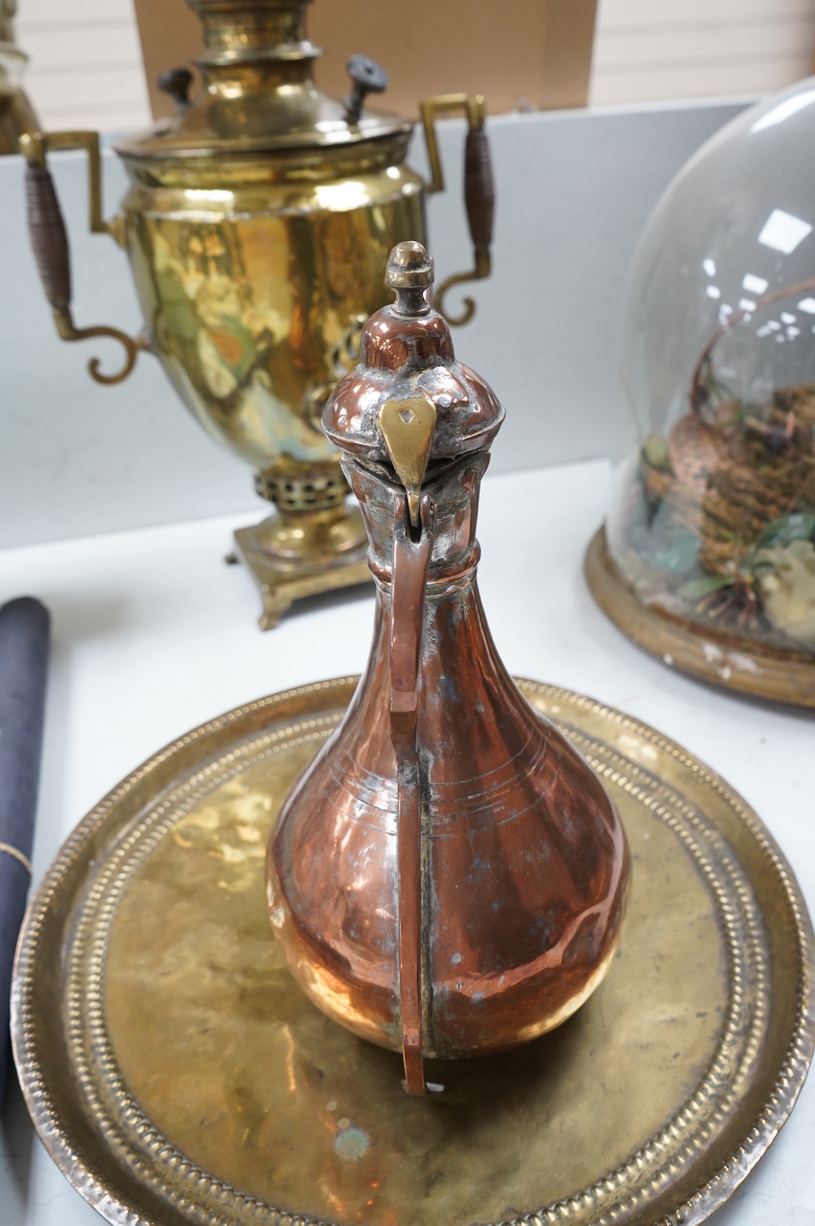 A Turkish brass samovar, a brass tray and a Middle Eastern coffee pot, largest 57cm high